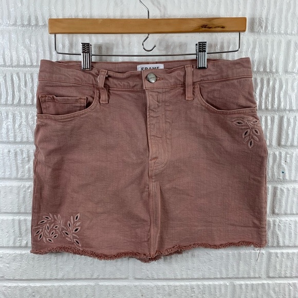 Frame Embroidered Raw Hem Mini Skirt Dusty Rose 28 - Picture 3 of 5